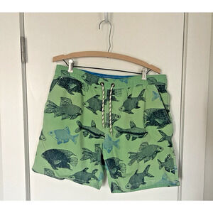 Boden Men’s 34 Mesh Lined 7" inseam Pockets Green Blue Fish Swim Trunks Shorts